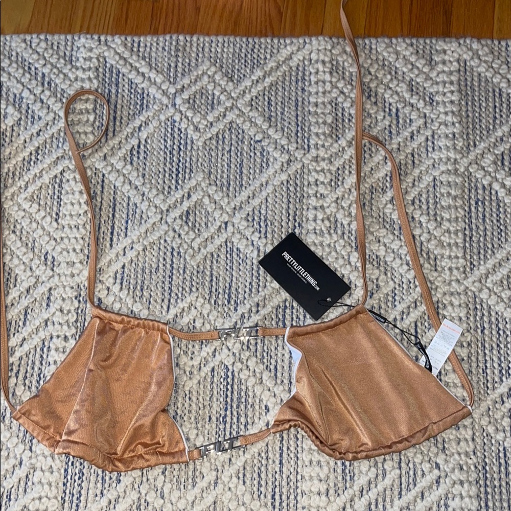 PrettyLittleThing Tan Satin bikini top with Adjustable Straps